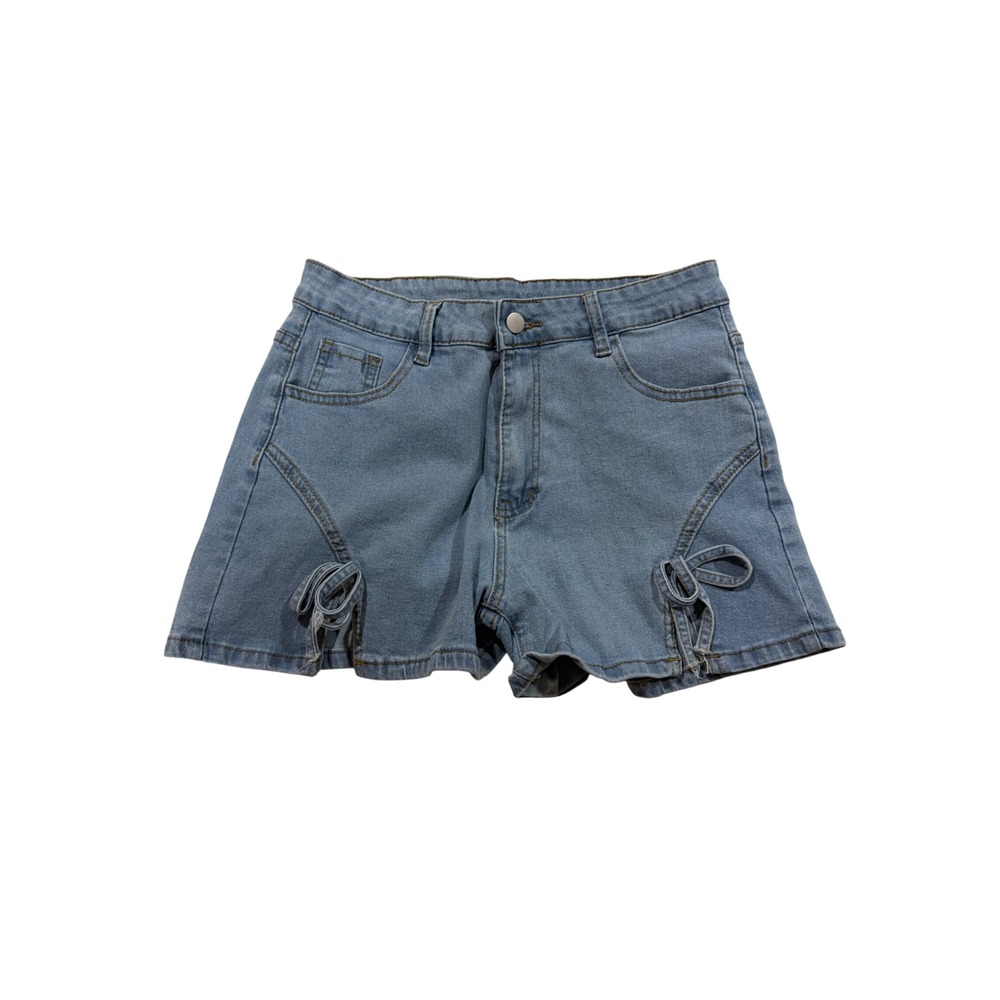 Womens High Waisted Medium Wash Denim Shorts with Bow Cutouts Size Large